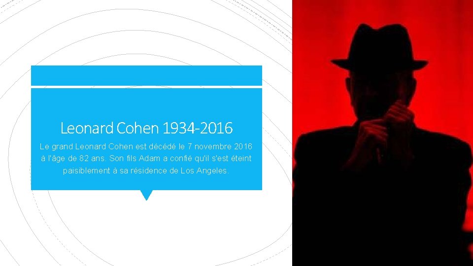 Leonard Cohen 1934 -2016 Le grand Leonard Cohen est décédé le 7 novembre 2016