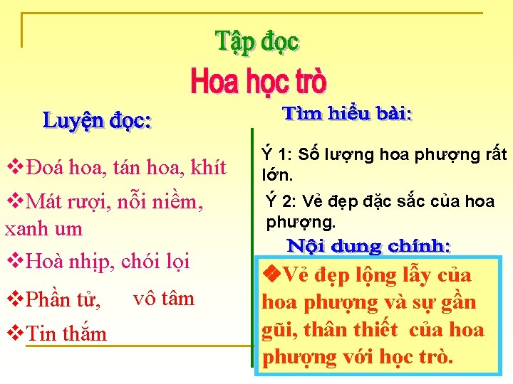  Đoá hoa, tán hoa, khít Mát rượi, nỗi niềm, xanh um Hoà nhịp,