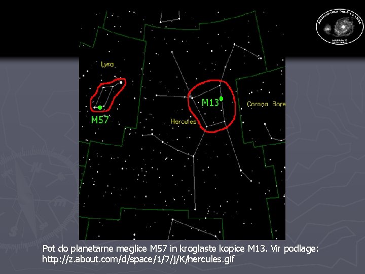 Pot do planetarne meglice M 57 in kroglaste kopice M 13. Vir podlage: http: