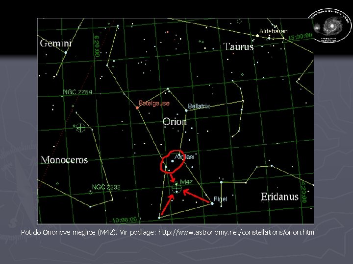 Pot do Orionove meglice (M 42). Vir podlage: http: //www. astronomy. net/constellations/orion. html 