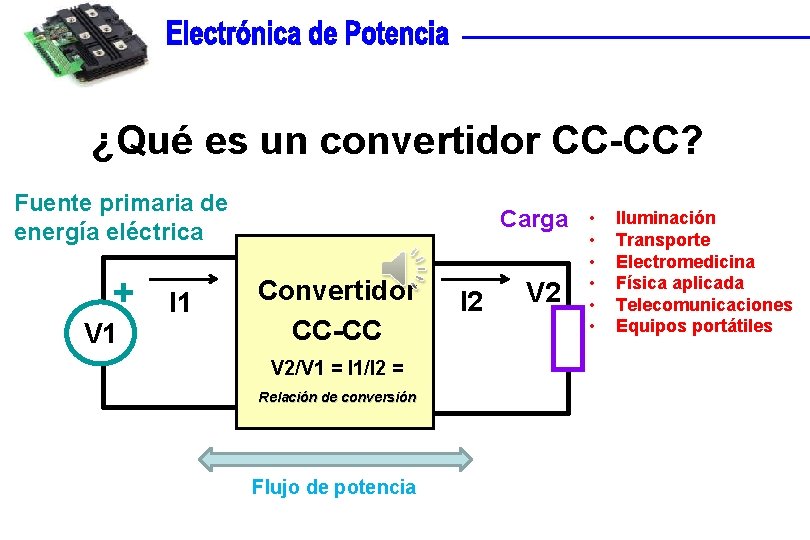 ¿Qué es un convertidor CC-CC? Fuente primaria de energía eléctrica + V 1 I