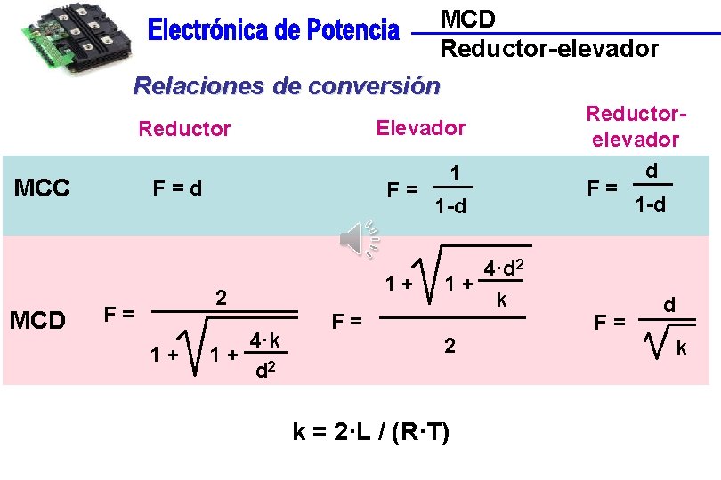 MCD Reductor-elevador Relaciones de conversión Elevador Reductor MCC MCD F=d F= 1+ 2 F=