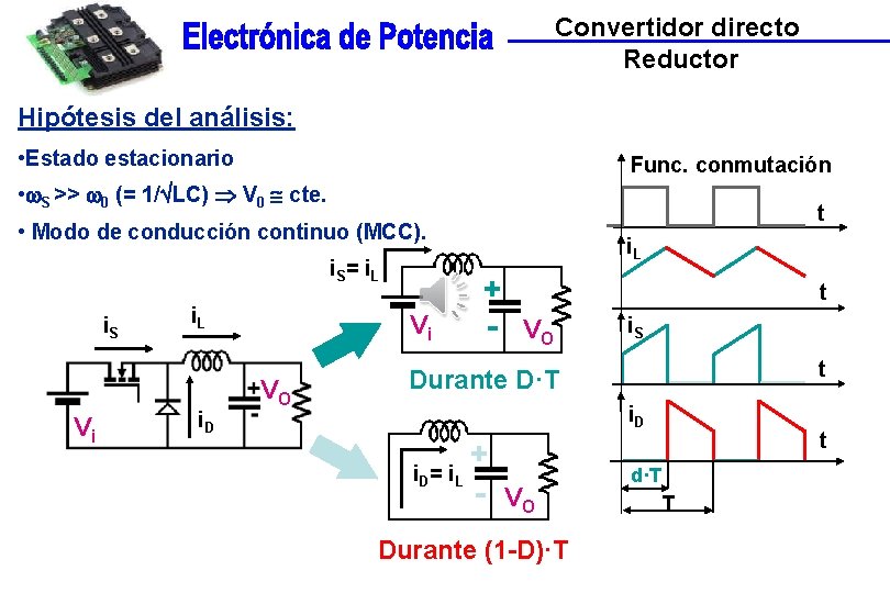 Convertidor directo Reductor Hipótesis del análisis: • Estado estacionario Func. conmutación • S >>