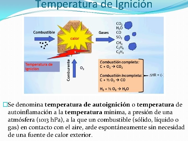 Temperatura de Ignición �Se denomina temperatura de autoignición o temperatura de autoinflamación a la