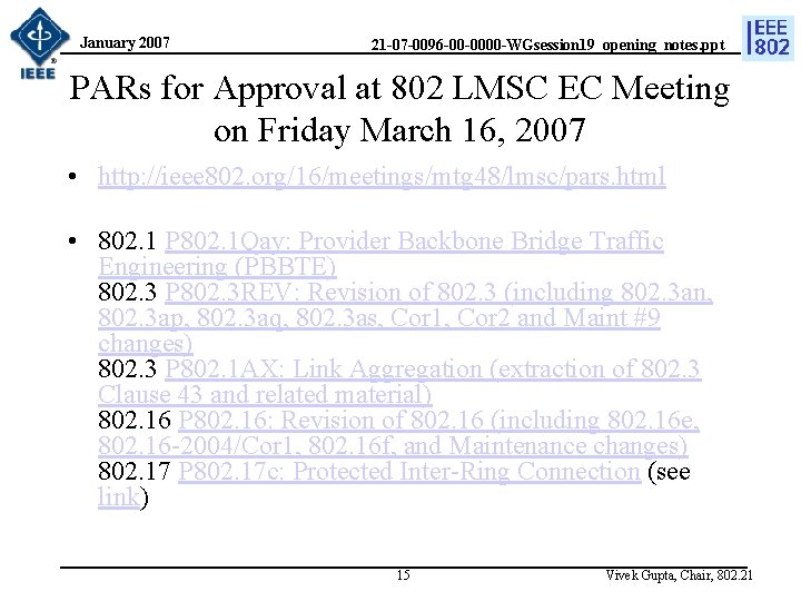 January 2007 21 -07 -0096 -00 -0000 -WGsession 19_opening_notes. ppt PARs for Approval at