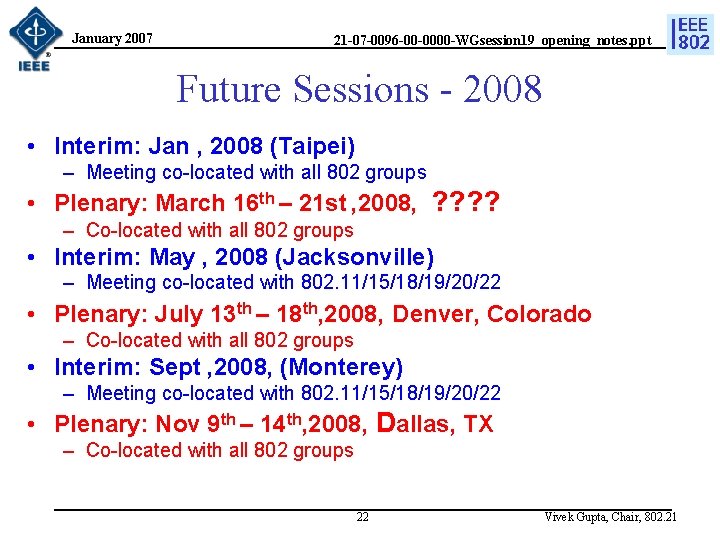 January 2007 21 -07 -0096 -00 -0000 -WGsession 19_opening_notes. ppt Future Sessions - 2008