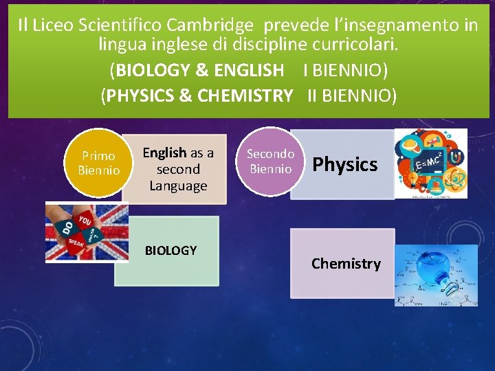 Il Liceo Scientifico Cambridge prevede l’insegnamento in lingua inglese di discipline curricolari. (BIOLOGY &