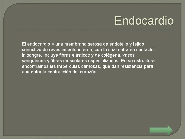 Endocardio El endocardio = una membrana serosa de endotelio y tejido conectivo de revestimiento