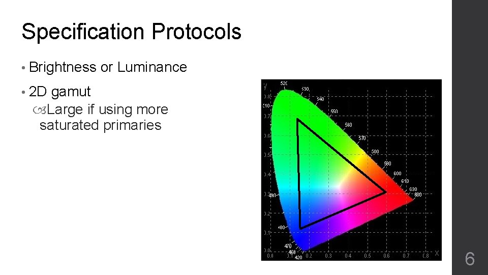 Specification Protocols • Brightness or Luminance • 2 D gamut Large if using more