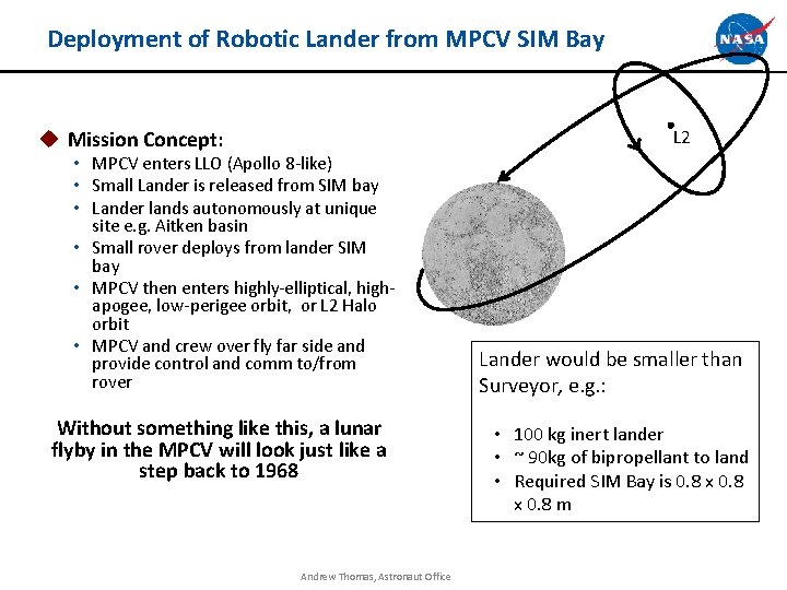 Deployment of Robotic Lander from MPCV SIM Bay L 2 u Mission Concept: • Deployment of Robotic Lander from MPCV SIM Bay L 2 u Mission Concept: •