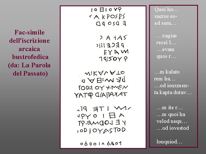 Quoi ho… sacros esed sora… Fac-simile dell'iscrizione arcaica bustrofedica (da: La Parola del Passato)
