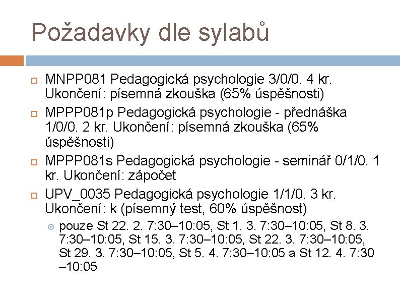 Požadavky dle sylabů MNPP 081 Pedagogická psychologie 3/0/0. 4 kr. Ukončení: písemná zkouška (65%