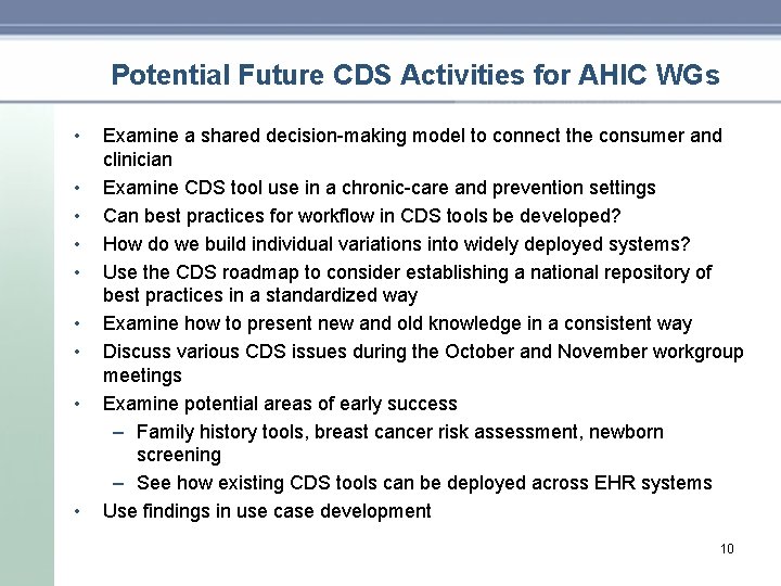 Potential Future CDS Activities for AHIC WGs • • • Examine a shared decision-making