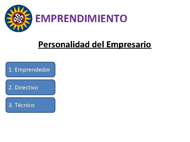 EMPRENDIMIENTO Personalidad del Empresario 1. Emprendedor 2. Directivo 3. Técnico 