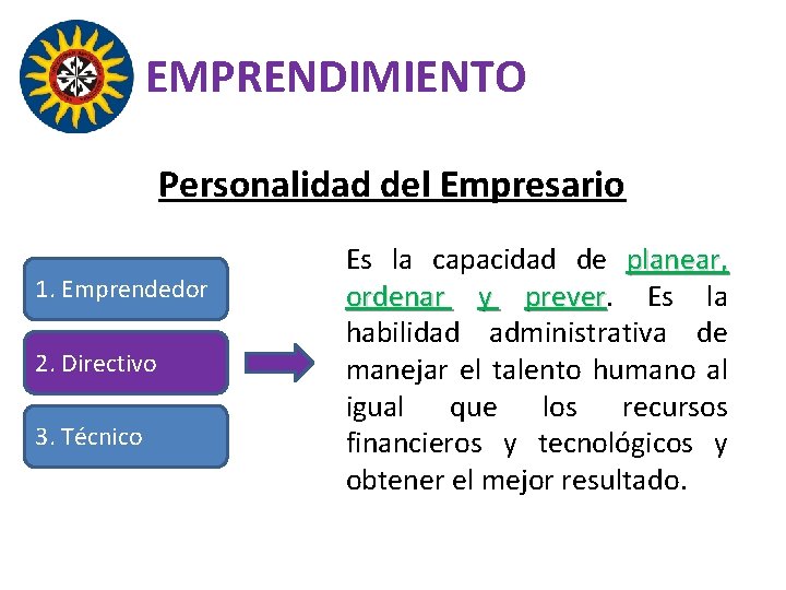 EMPRENDIMIENTO Personalidad del Empresario 1. Emprendedor 2. Directivo 3. Técnico Es la capacidad de