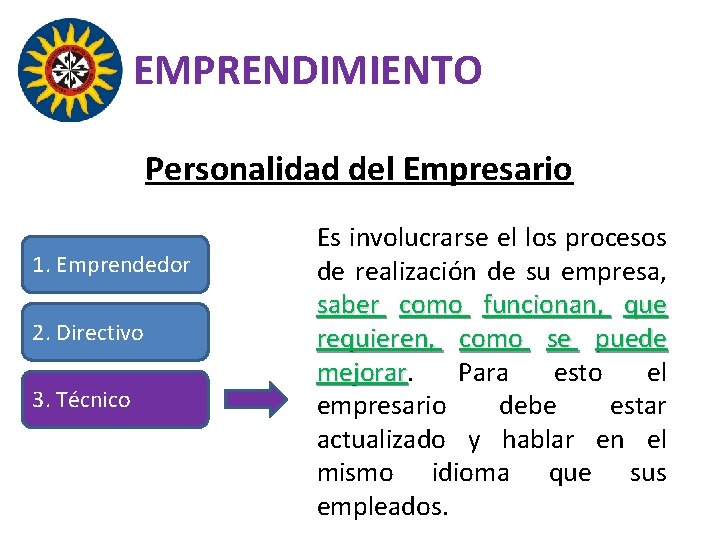 EMPRENDIMIENTO Personalidad del Empresario 1. Emprendedor 2. Directivo 3. Técnico Es involucrarse el los