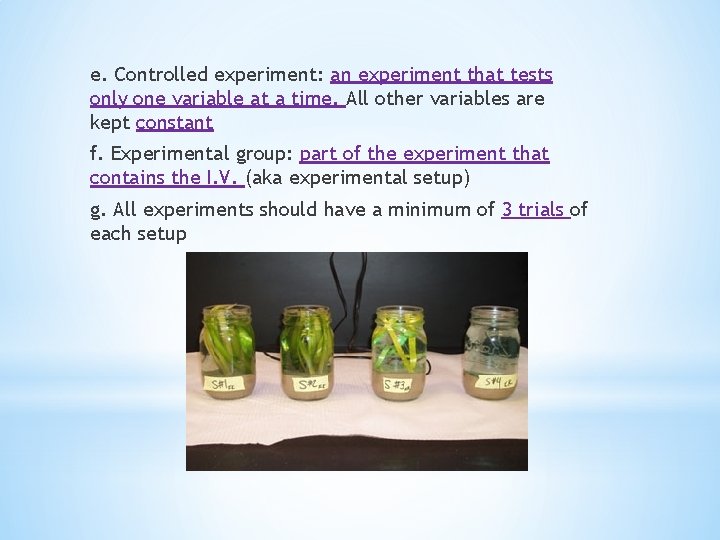 e. Controlled experiment: an experiment that tests only one variable at a time. All