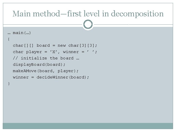 Main method—first level in decomposition … main(…) { char[][] board = new char[3][3]; char