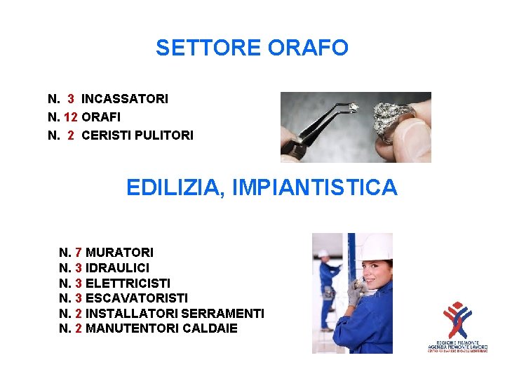 SETTORE ORAFO N. 3 INCASSATORI N. 12 ORAFI N. 2 CERISTI PULITORI EDILIZIA, IMPIANTISTICA