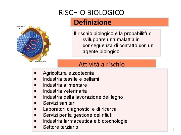 Rischio biologico RISCHIO BIOLOGICO Definizione Il rischio biologico è la probabilità di sviluppare una