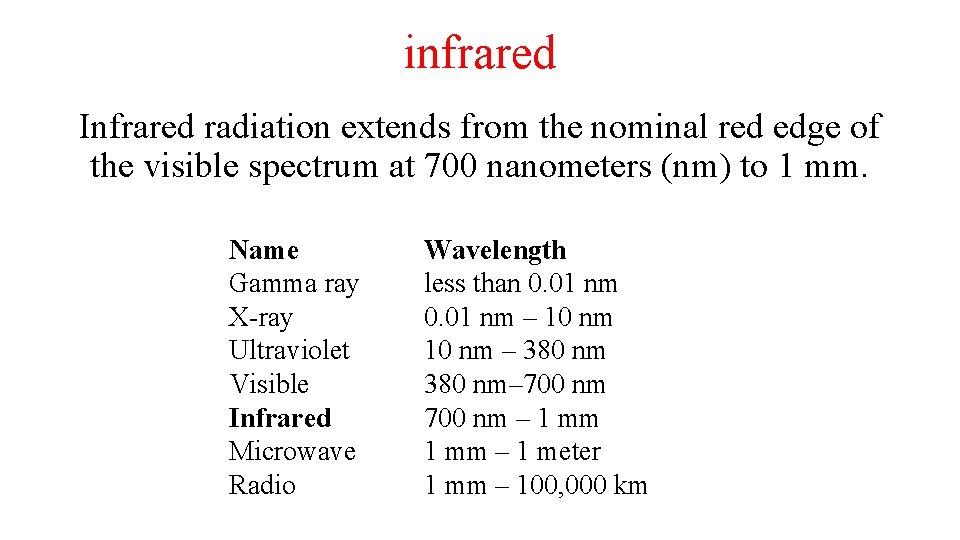 infrared Infrared radiation extends from the nominal red edge of the visible spectrum at infrared Infrared radiation extends from the nominal red edge of the visible spectrum at