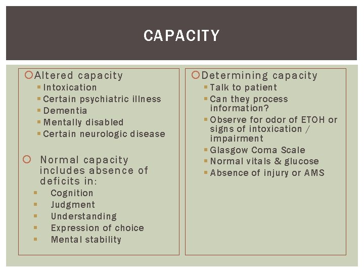 CAPACITY Altered capacity § Intoxication § Certain psychiatric illness § Dementia § Mentally disabled