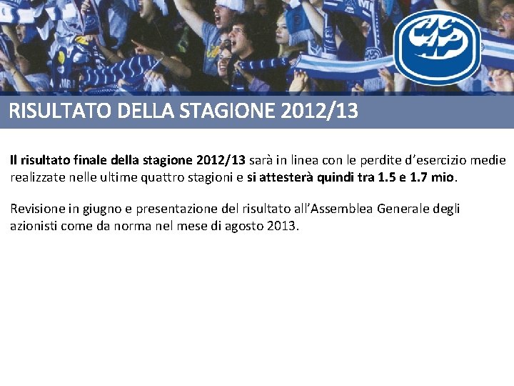 RISULTATO DELLA STAGIONE 2012/13 Il risultato finale della stagione 2012/13 sarà in linea con