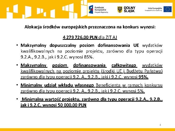 Alokacja środków europejskich przeznaczona na konkurs wynosi: 4 279 726, 00 PLN dla ZIT Alokacja środków europejskich przeznaczona na konkurs wynosi: 4 279 726, 00 PLN dla ZIT
