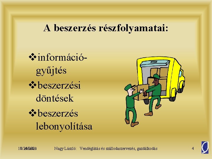 A beszerzés részfolyamatai: vinformációgyűjtés vbeszerzési döntések vbeszerzés lebonyolítása 10/24/2021 11. előadás Nagy László: Vendéglátás