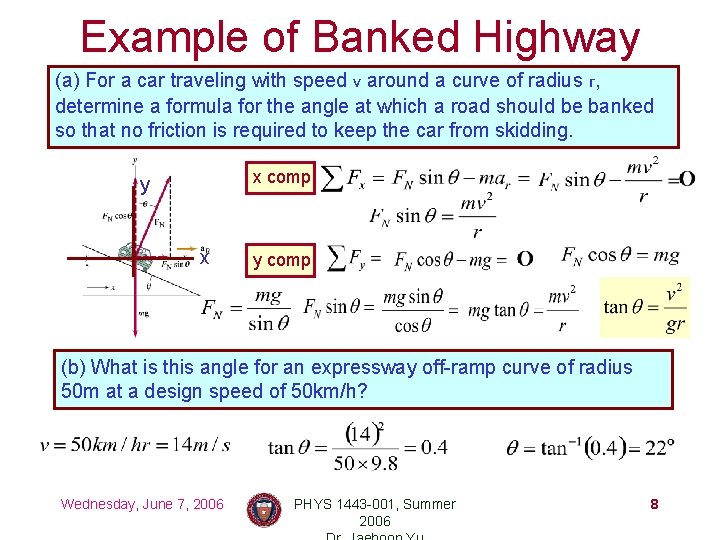 Example of Banked Highway (a) For a car traveling with speed v around a