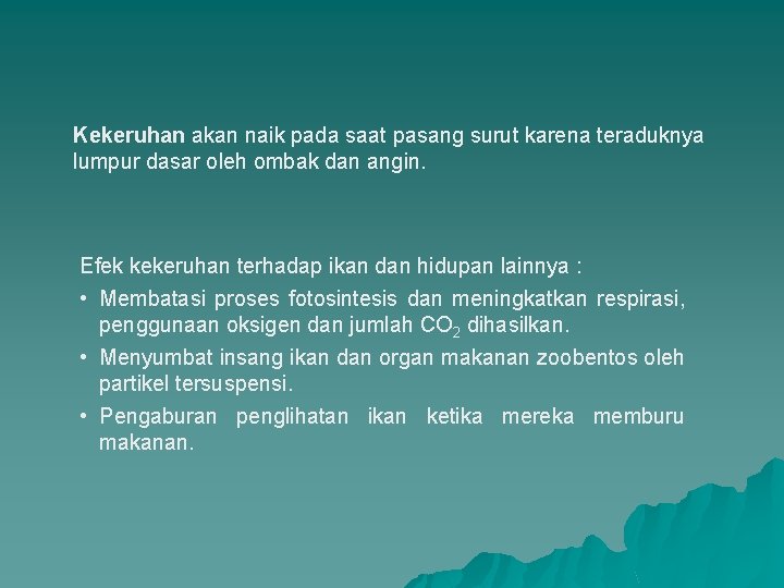 Kekeruhan akan naik pada saat pasang surut karena teraduknya lumpur dasar oleh ombak dan