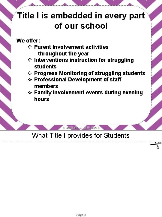 Title I is embedded in every part of our school We offer: v Parent