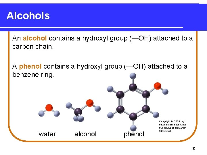 Alcohols An alcohol contains a hydroxyl group (—OH) attached to a carbon chain. A