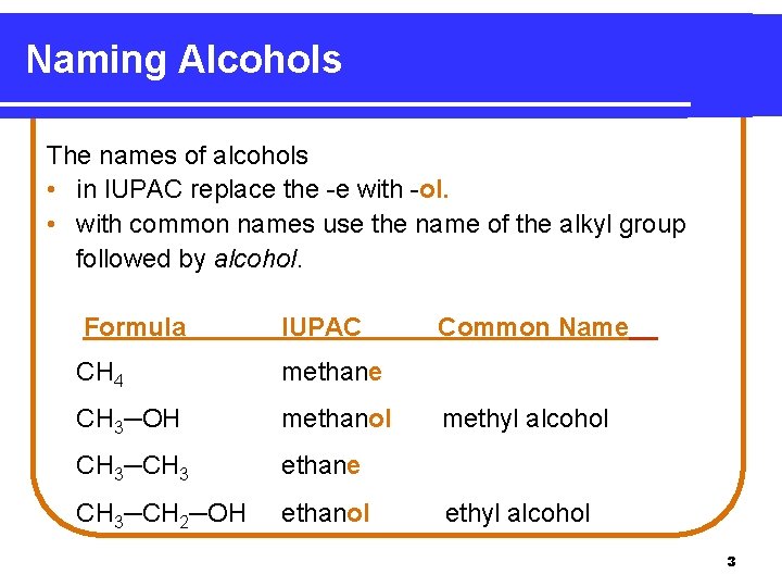 Naming Alcohols The names of alcohols • in IUPAC replace the -e with -ol.