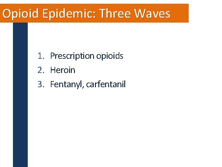 Opioid Epidemic: Three Waves 1. Prescription opioids 2. Heroin 3. Fentanyl, carfentanil 