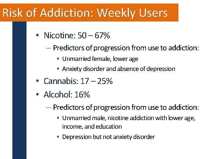 Risk of Addiction: Weekly Users • Nicotine: 50 – 67% – Predictors of progression