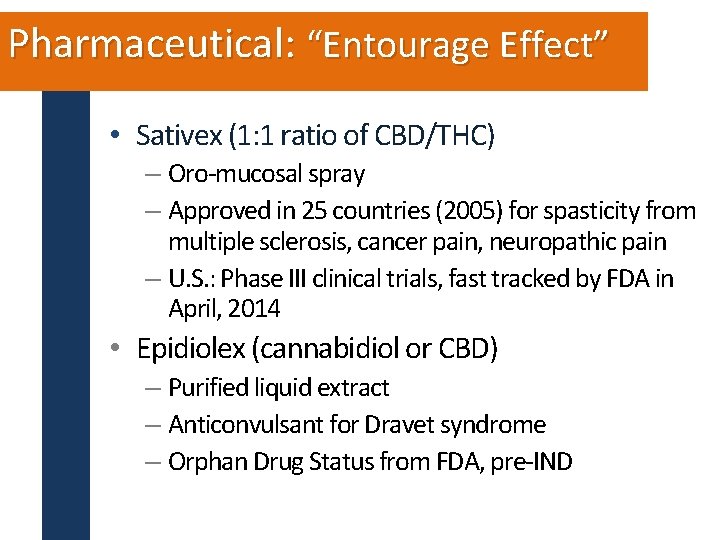 Pharmaceutical: “Entourage Effect” • Sativex (1: 1 ratio of CBD/THC) – Oro-mucosal spray –