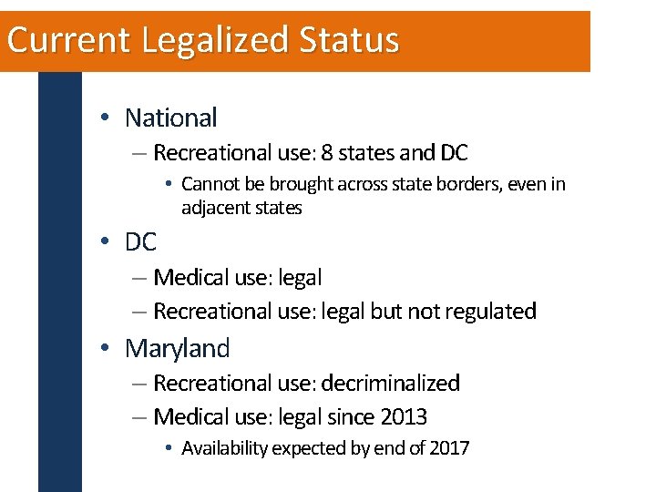 Current Legalized Status • National – Recreational use: 8 states and DC • Cannot