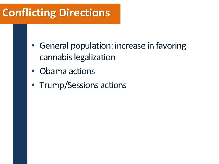 Conflicting Directions • General population: increase in favoring cannabis legalization • Obama actions •