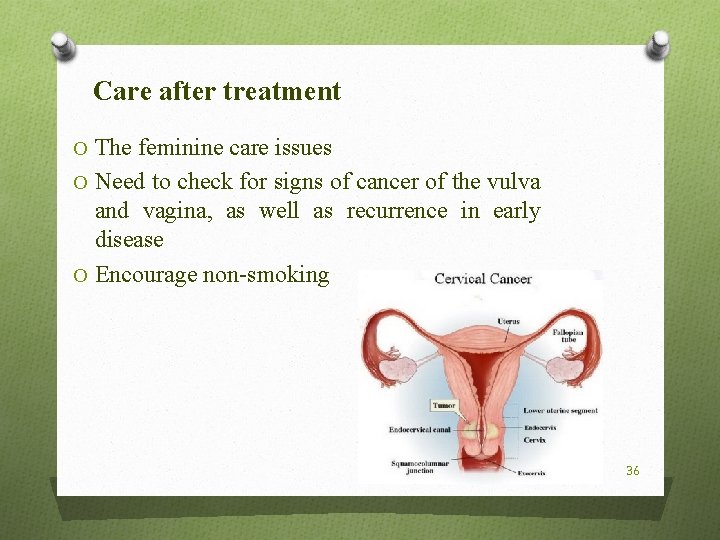 Care after treatment O The feminine care issues O Need to check for signs