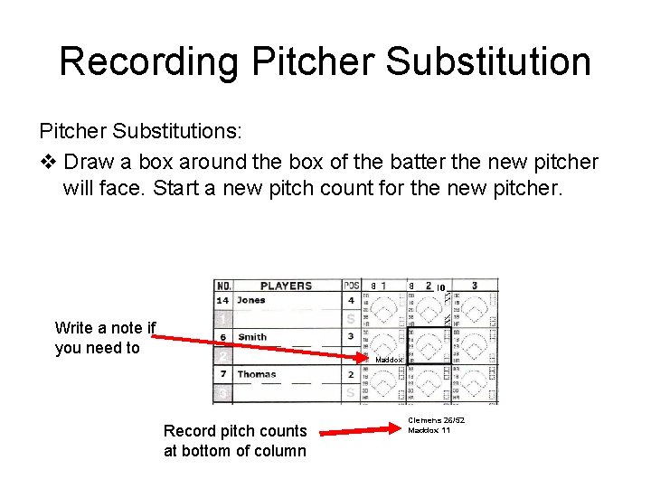 Recording Pitcher Substitutions: v Draw a box around the box of the batter the