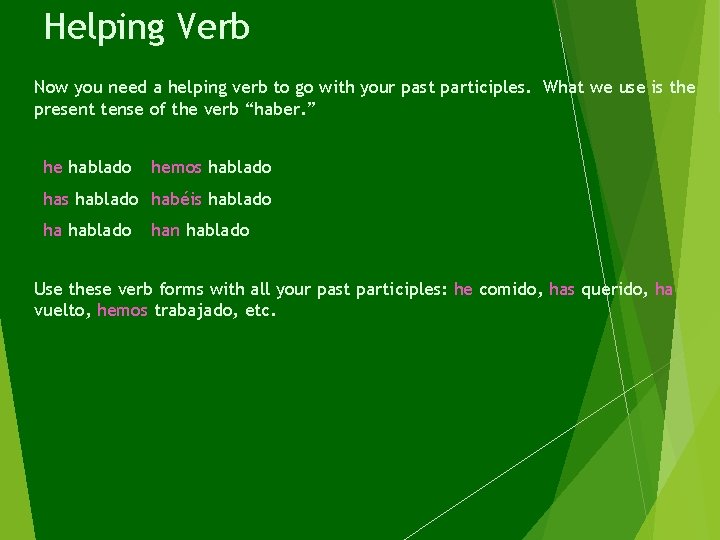 Helping Verb Now you need a helping verb to go with your past participles.