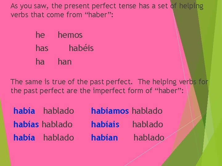As you saw, the present perfect tense has a set of helping verbs that