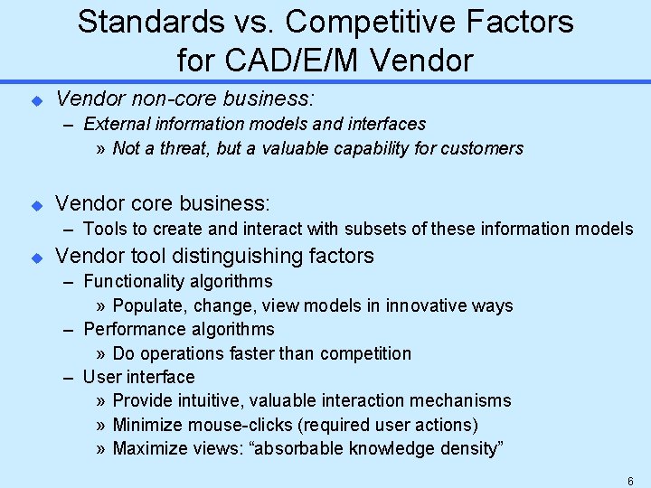 Standards vs. Competitive Factors for CAD/E/M Vendor u Vendor non-core business: – External information