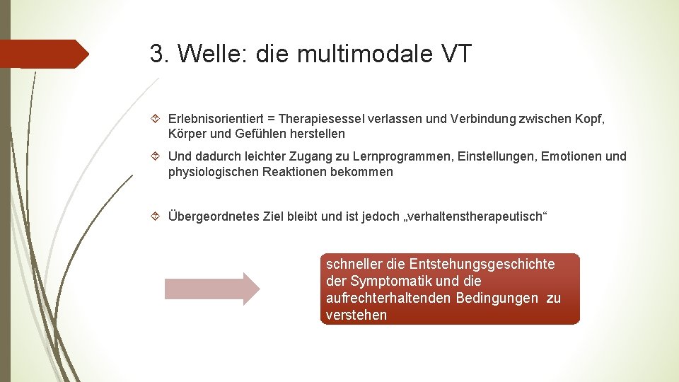 3. Welle: die multimodale VT Erlebnisorientiert = Therapiesessel verlassen und Verbindung zwischen Kopf, Körper