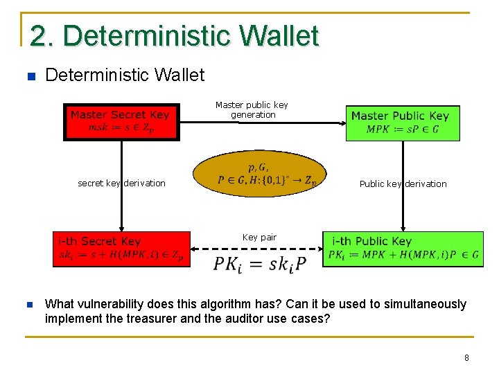 2. Deterministic Wallet n Deterministic Wallet Master public key generation secret key derivation Public