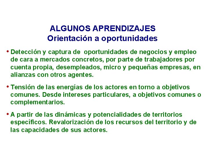 ALGUNOS APRENDIZAJES Orientación a oportunidades • Detección y captura de oportunidades de negocios y