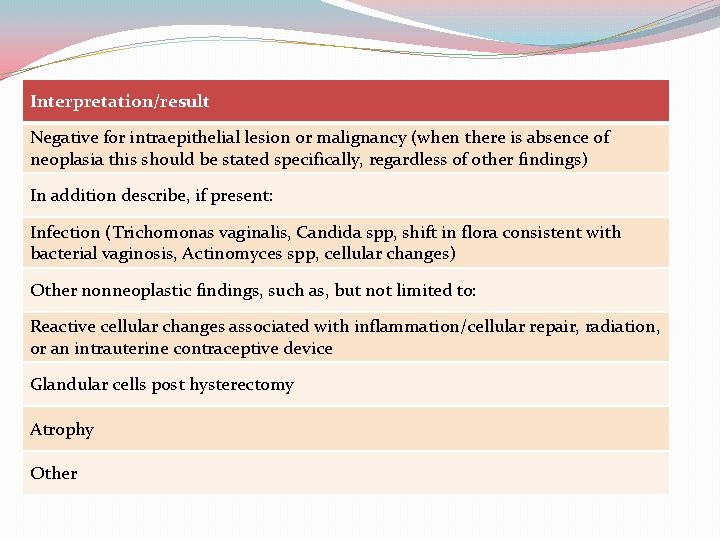 Interpretation/result Negative for intraepithelial lesion or malignancy (when there is absence of neoplasia this