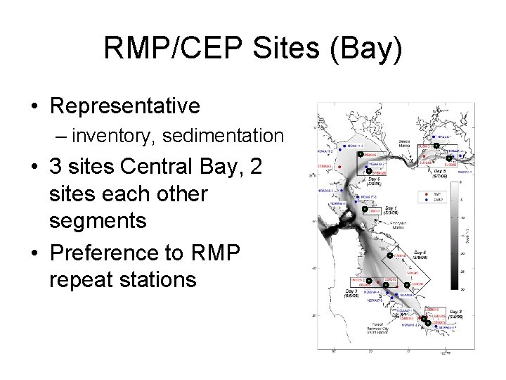 RMP/CEP Sites (Bay) • Representative – inventory, sedimentation • 3 sites Central Bay, 2