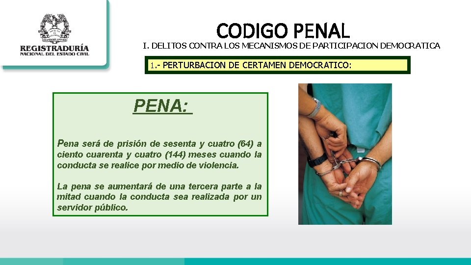 CODIGO PENAL I. DELITOS CONTRA LOS MECANISMOS DE PARTICIPACION DEMOCRATICA 1. - PERTURBACION DE